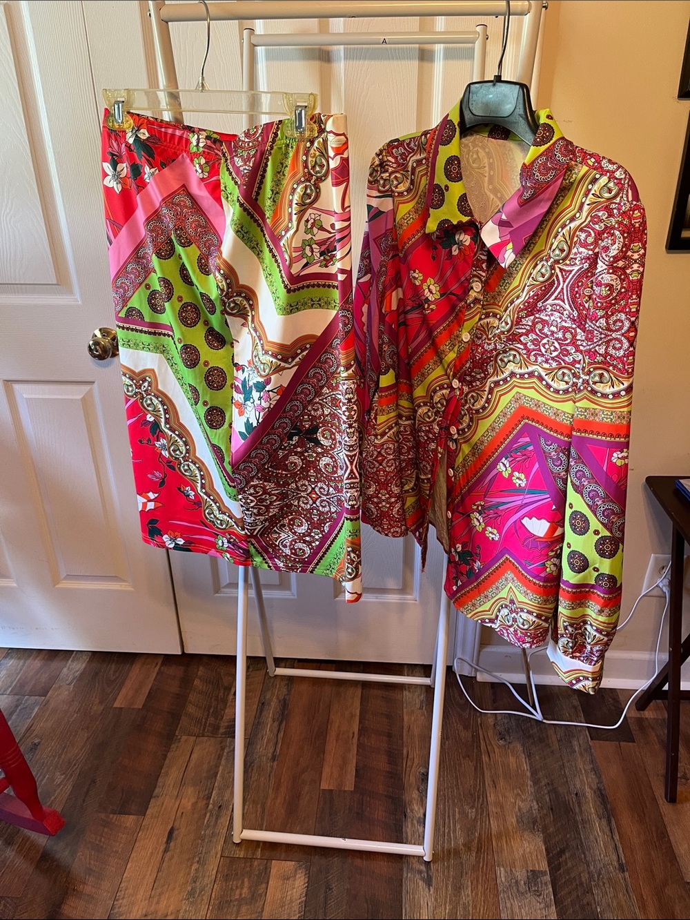 Vibrant Multicolor Satin Scarf Print Blouse and Skirt Set
